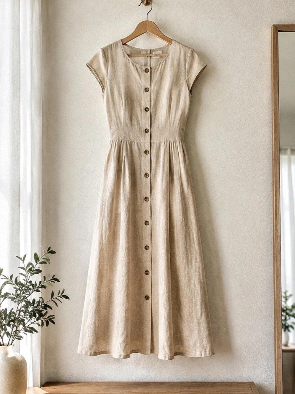 Button-Front Midi Dress in Cream Like New